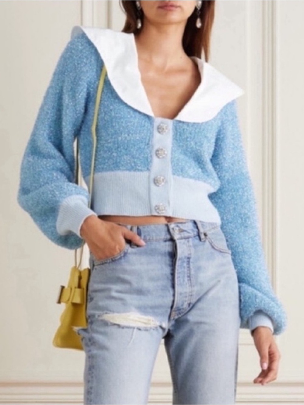 NWT Ganni Cropped Blue Sparkle Wool Blend Knit Crystal Cardigan